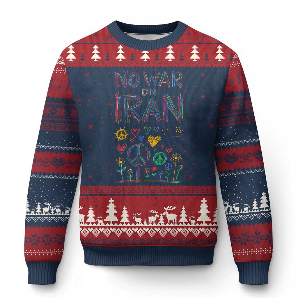 No War On Iran Colorful Peace Graphic Ugly Christmas Sweater Retro Anti War Protest