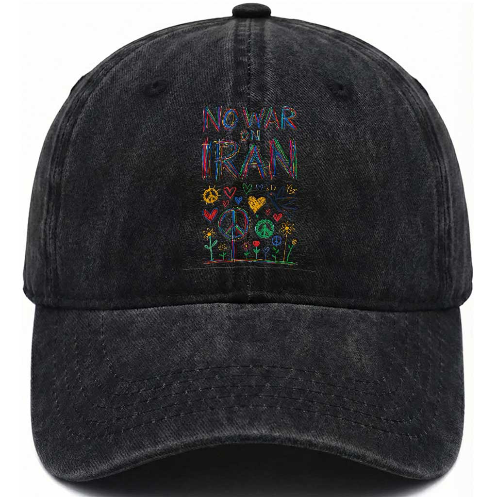 No War On Iran Colorful Peace Graphic Washed Cotton Baseball Cap Retro Anti War Protest
