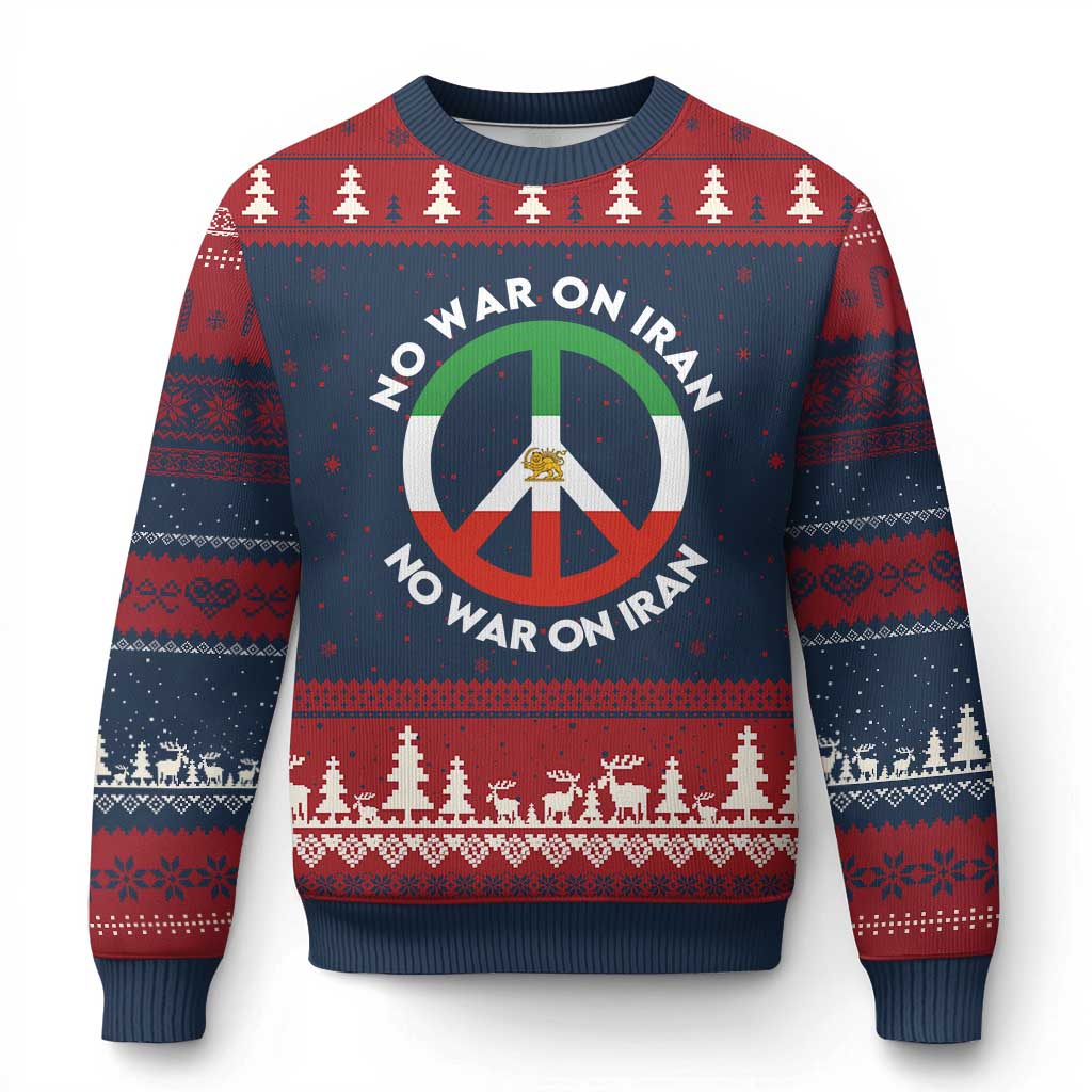 No War On Iran Peace Symbol Ugly Christmas Sweater Iranian Lion Emblem Anti War Protest