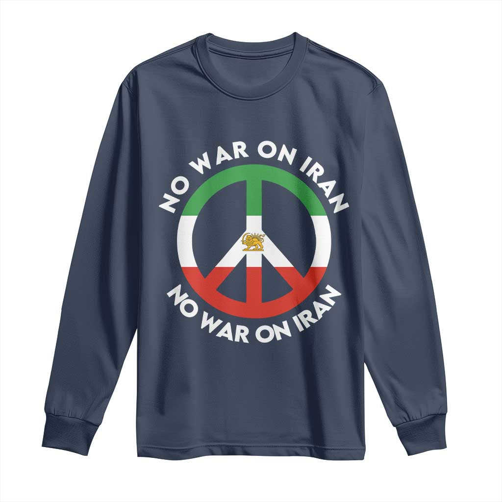 No War On Iran Peace Symbol Long Sleeve Shirt Iranian Lion Emblem Anti War Protest