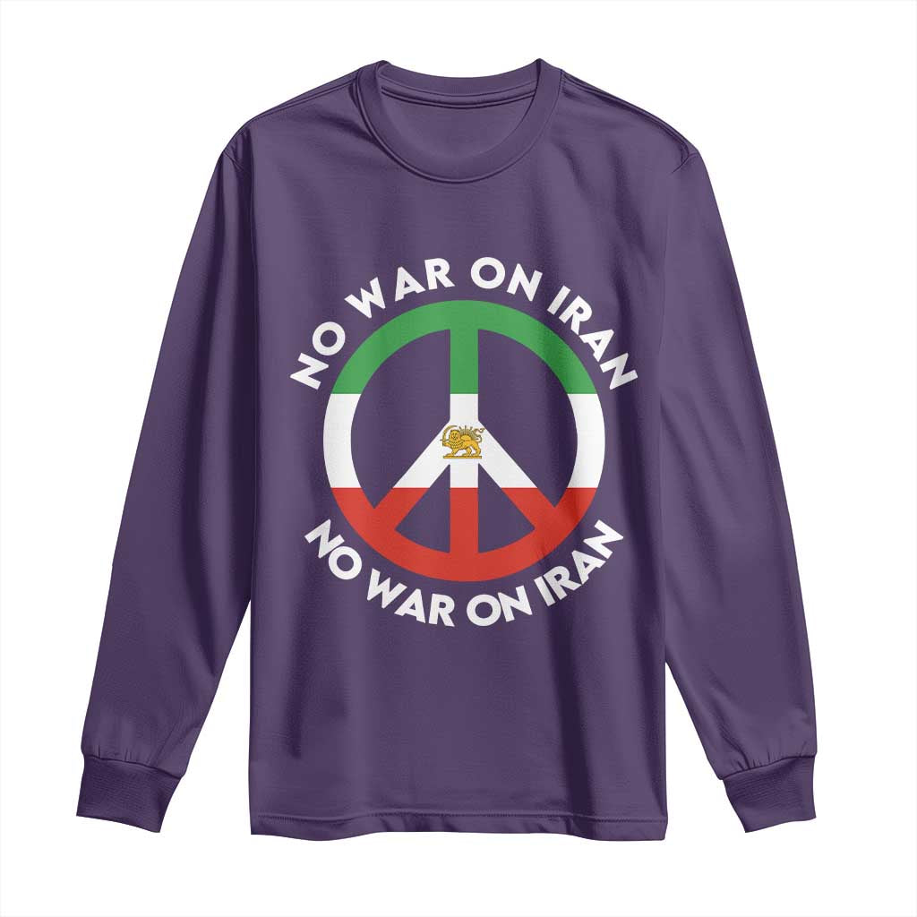 No War On Iran Peace Symbol Long Sleeve Shirt Iranian Lion Emblem Anti War Protest