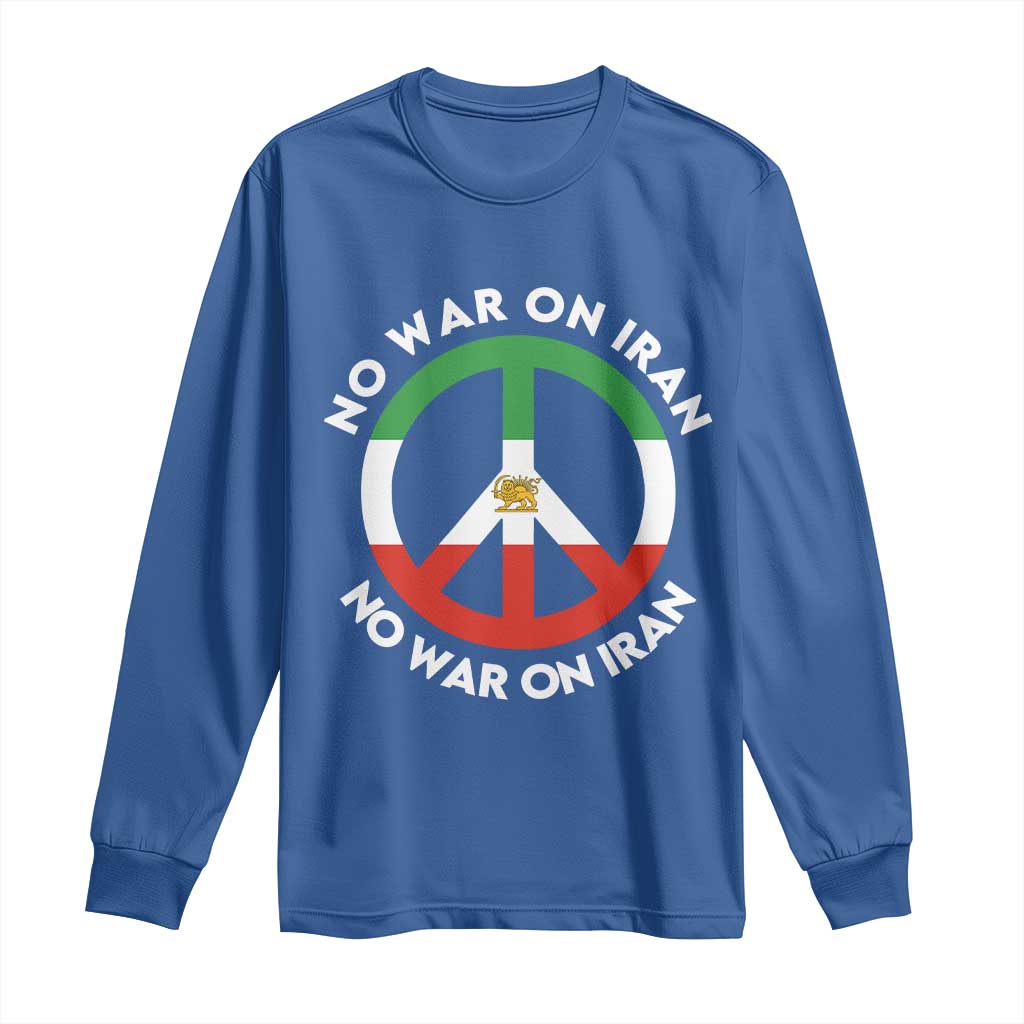 No War On Iran Peace Symbol Long Sleeve Shirt Iranian Lion Emblem Anti War Protest