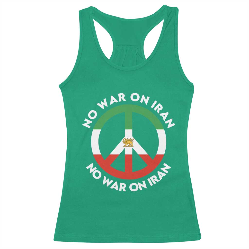 No War On Iran Peace Symbol Racerback Tank Top Iranian Lion Emblem Anti War Protest