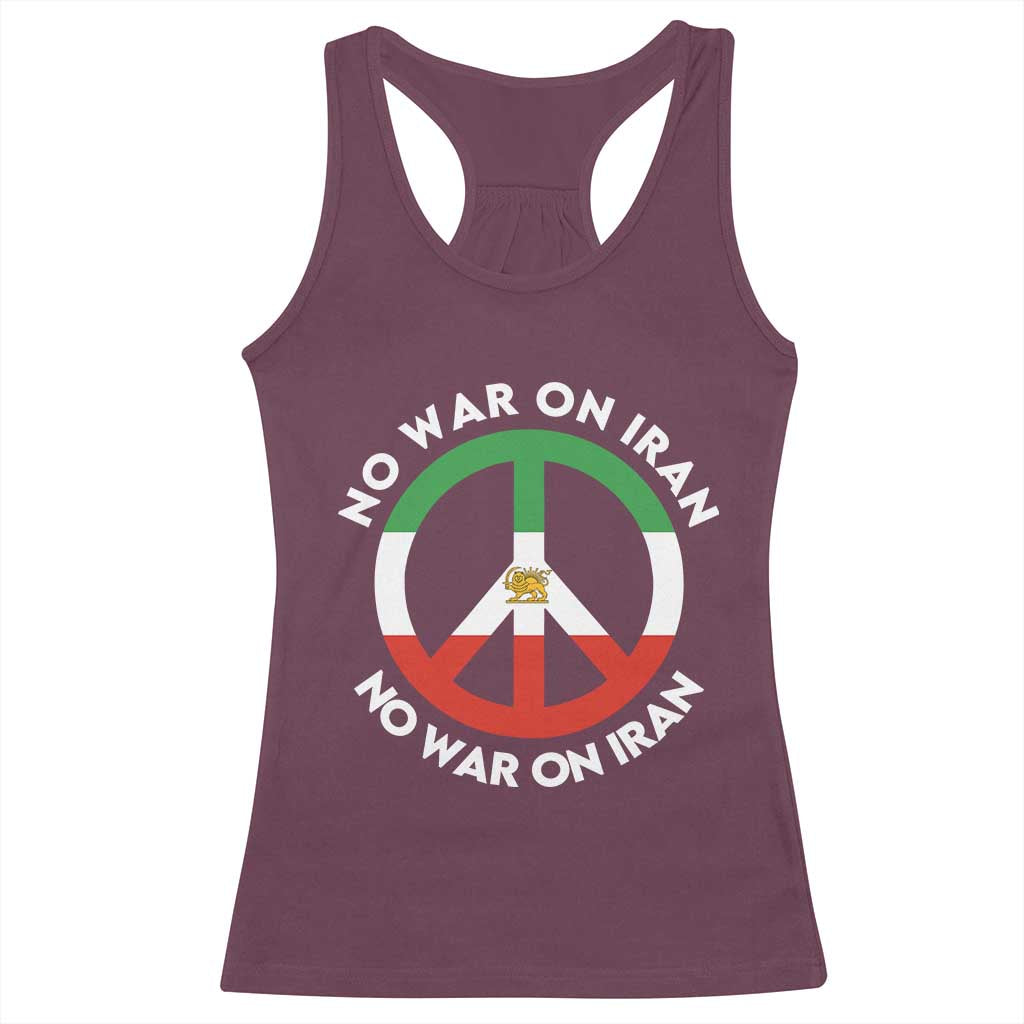 No War On Iran Peace Symbol Racerback Tank Top Iranian Lion Emblem Anti War Protest