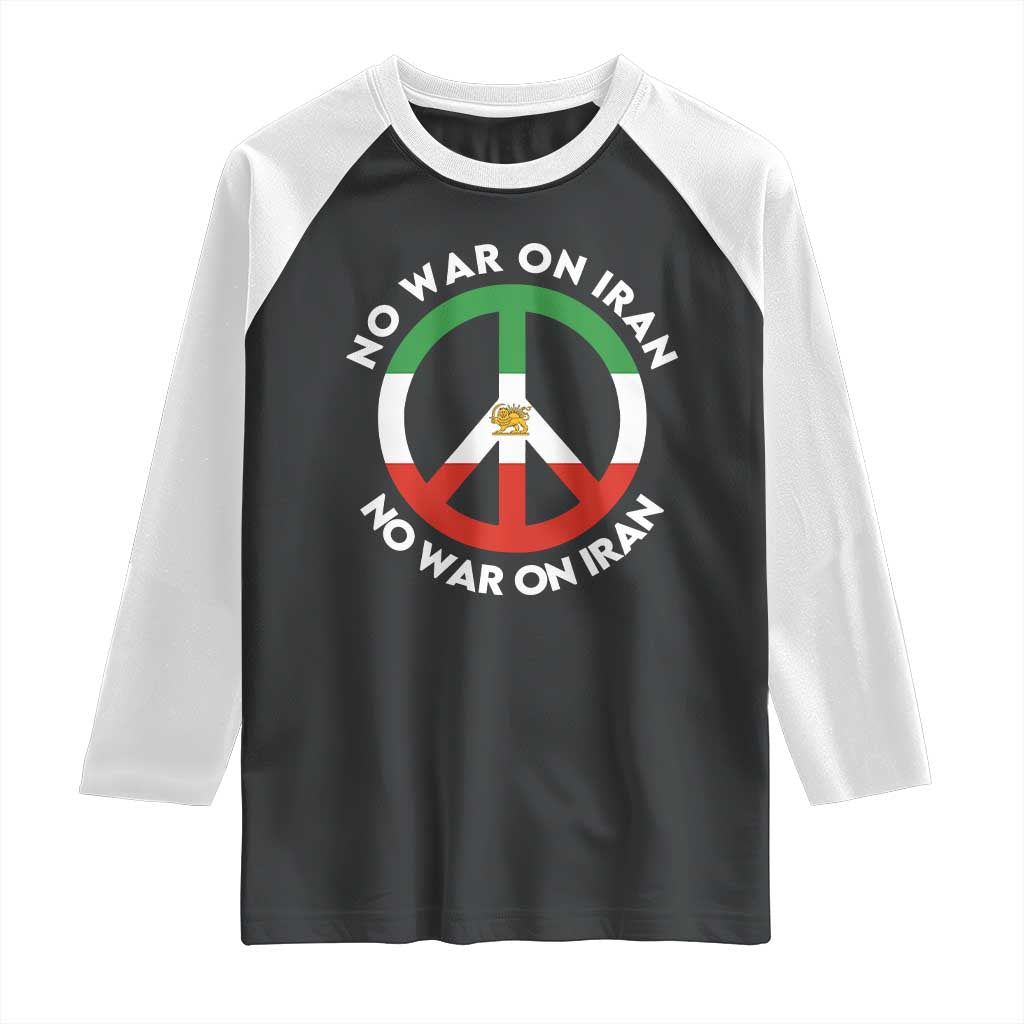 No War On Iran Peace Symbol Raglan Shirt Iranian Lion Emblem Anti War Protest