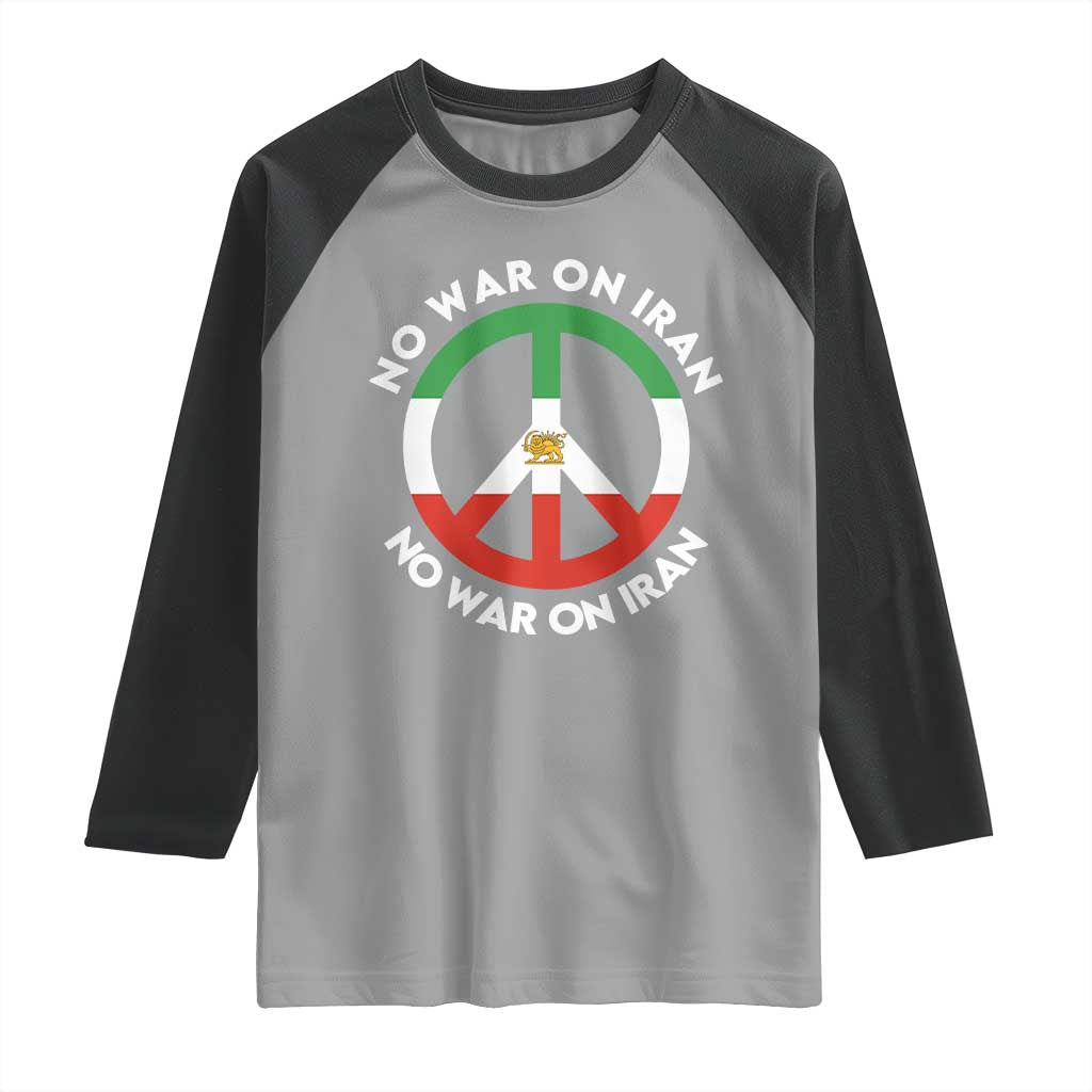 No War On Iran Peace Symbol Raglan Shirt Iranian Lion Emblem Anti War Protest