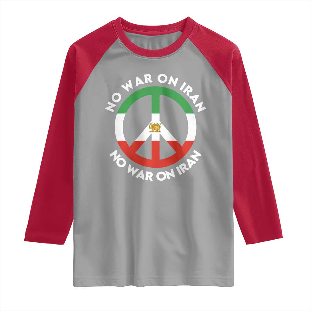 No War On Iran Peace Symbol Raglan Shirt Iranian Lion Emblem Anti War Protest