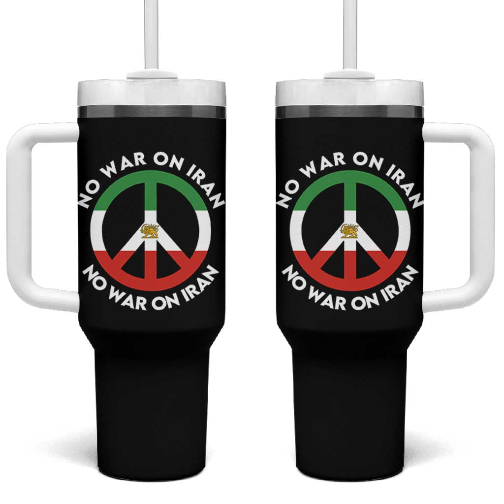 No War On Iran Peace Symbol Tumbler With Handle Iranian Lion Emblem Anti War Protest