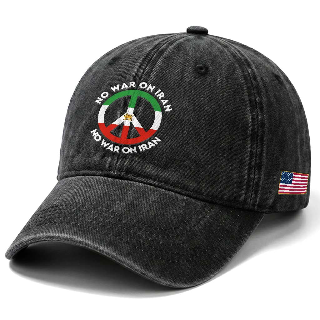 No War On Iran Peace Symbol Washed Cotton Baseball Cap Iranian Lion Emblem Anti War Protest