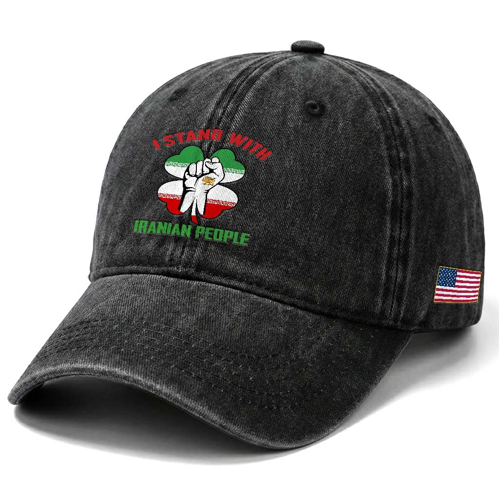 I Stand With Iranian People Freedom Supporters Washed Cotton Baseball Cap Raised Fist Persian Flag Iran Revolution