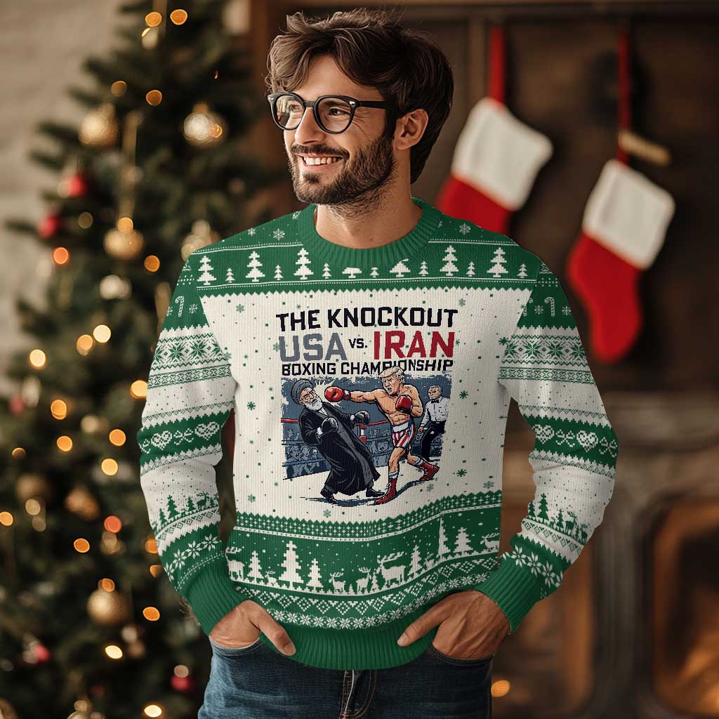 Sarcastic USA vs Iran Knockout Boxing Championship Ugly Christmas Sweater Funny Political Satire Fight Night