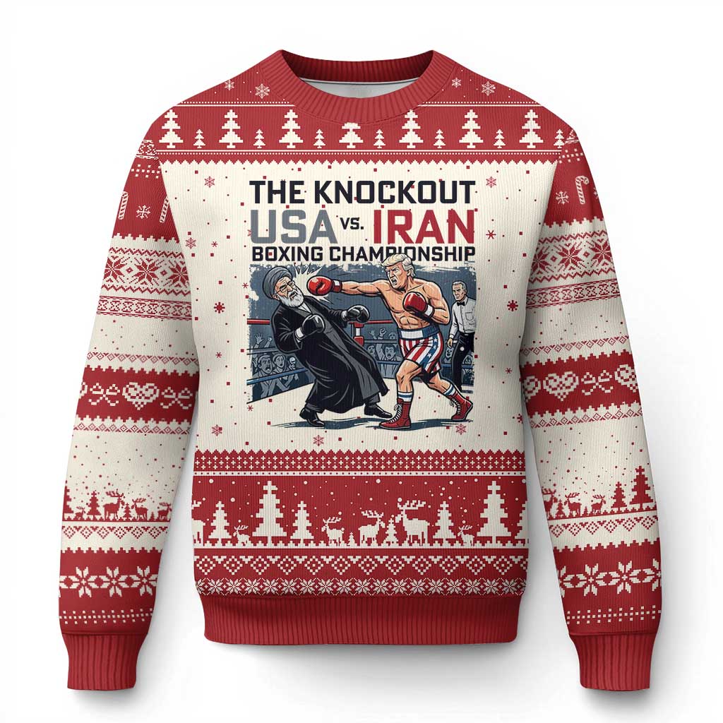 Sarcastic USA vs Iran Knockout Boxing Championship Ugly Christmas Sweater Funny Political Satire Fight Night
