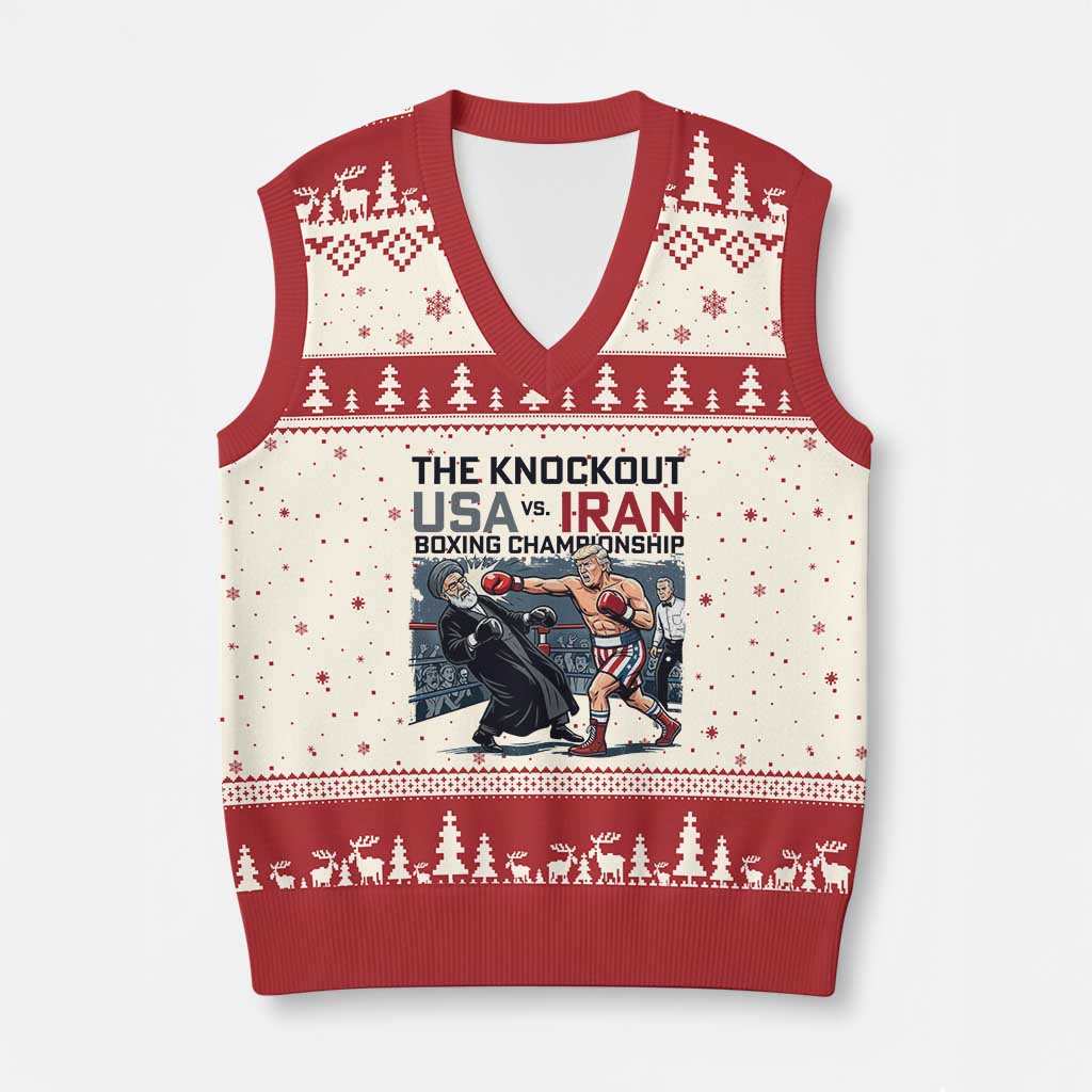 Sarcastic USA vs Iran Knockout Boxing Championship V-Neck Knit Sweater Vest Funny Political Satire Fight Night