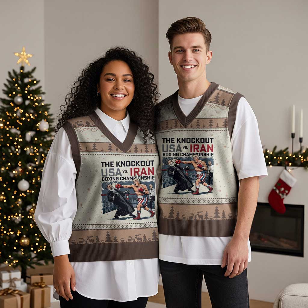 Sarcastic USA vs Iran Knockout Boxing Championship V-Neck Knit Sweater Vest Funny Political Satire Fight Night