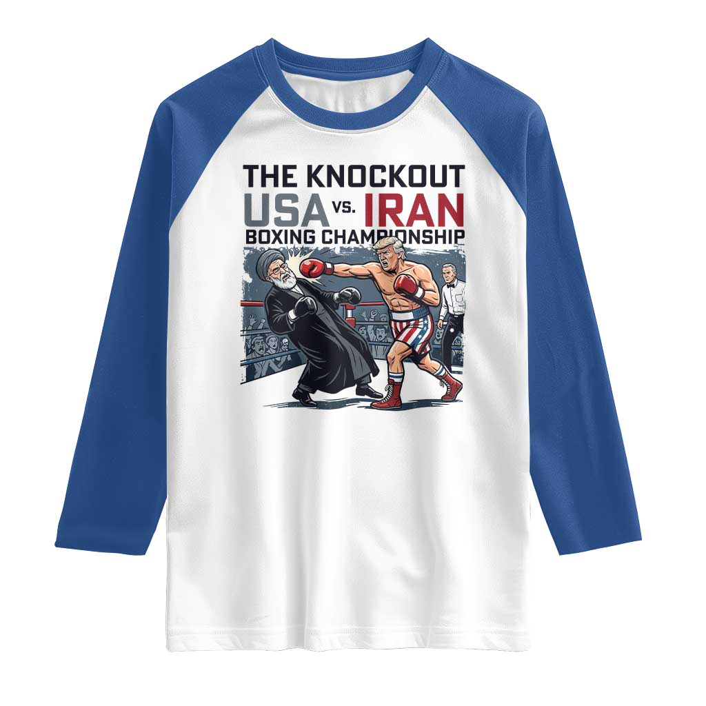 Sarcastic USA vs Iran Knockout Boxing Championship Raglan Shirt Funny Political Satire Fight Night