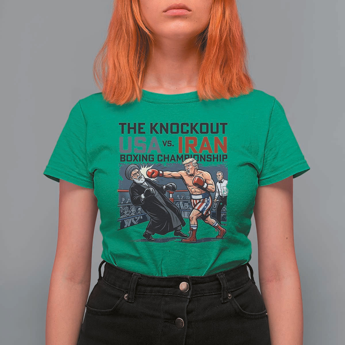 Sarcastic USA vs Iran Knockout Boxing Championship T Shirt For Women Funny Political Satire Fight Night