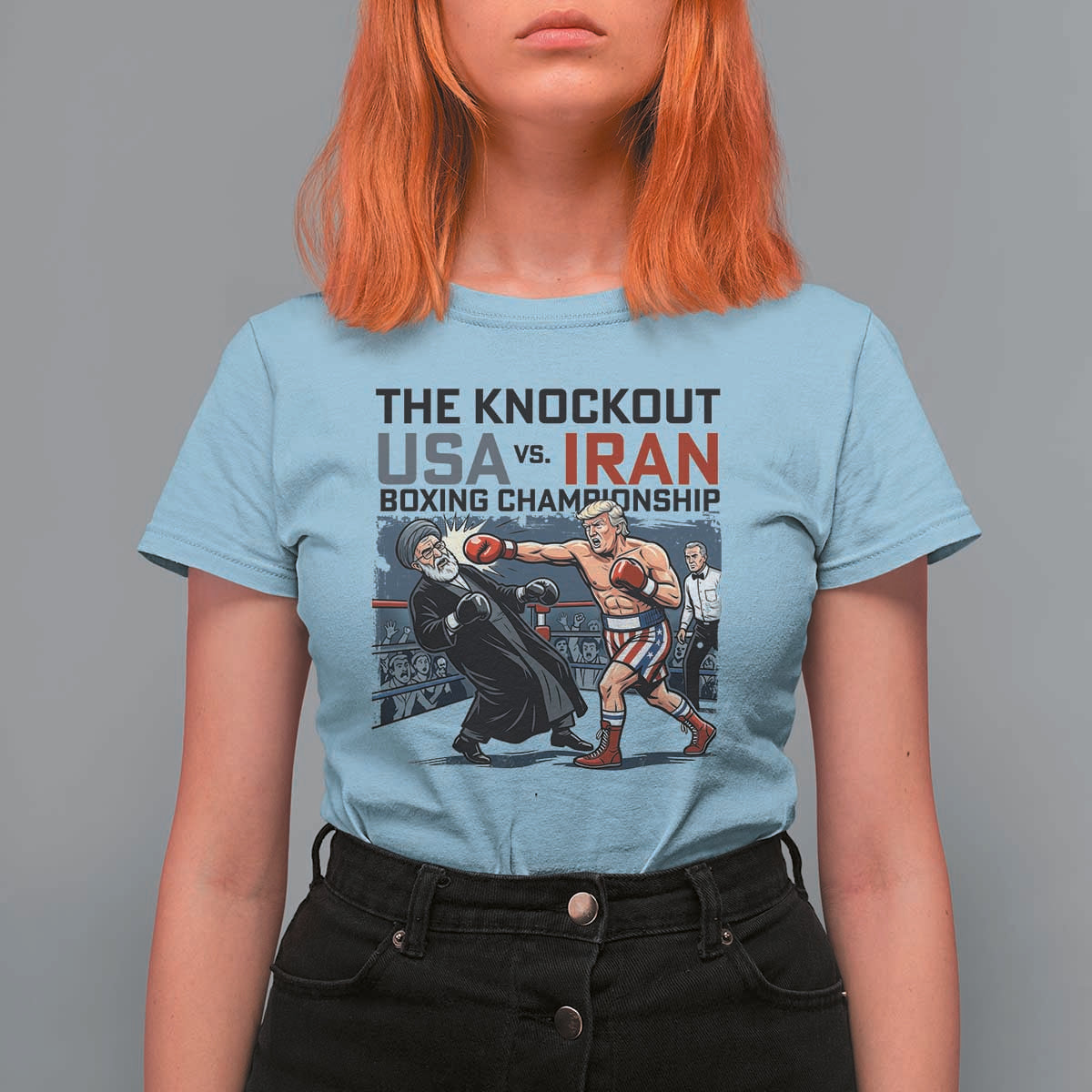 Sarcastic USA vs Iran Knockout Boxing Championship T Shirt For Women Funny Political Satire Fight Night