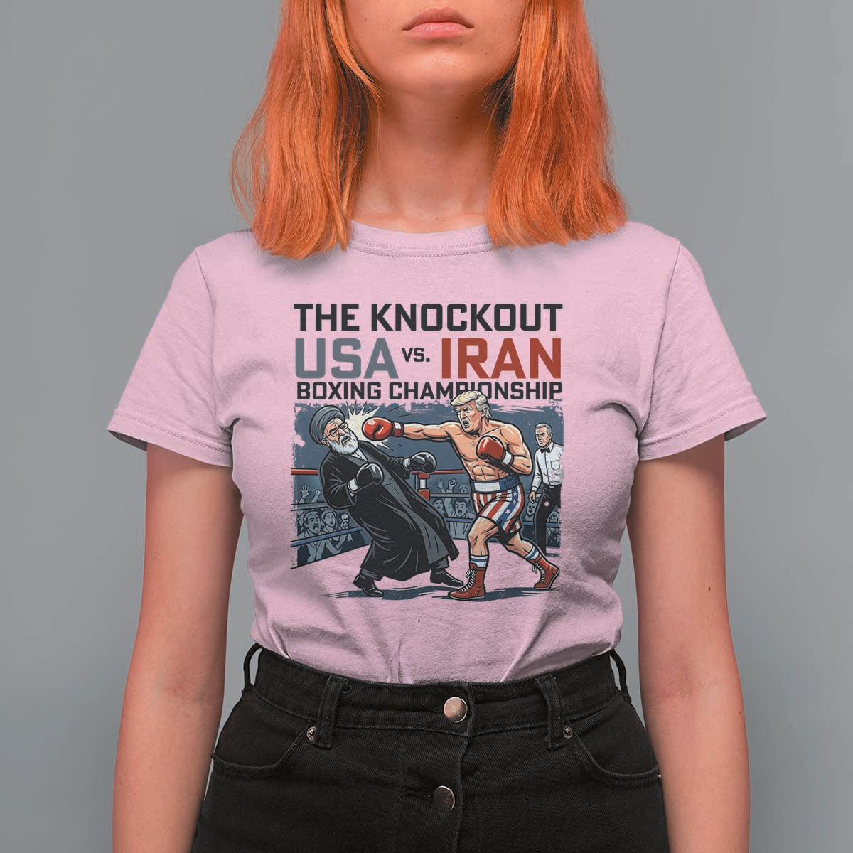 Sarcastic USA vs Iran Knockout Boxing Championship T Shirt For Women Funny Political Satire Fight Night