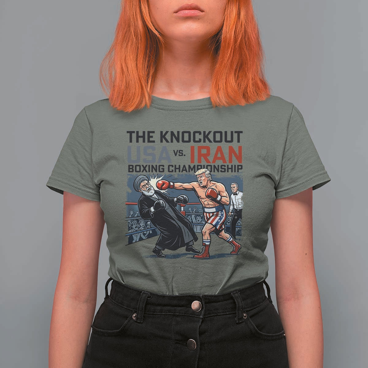 Sarcastic USA vs Iran Knockout Boxing Championship T Shirt For Women Funny Political Satire Fight Night