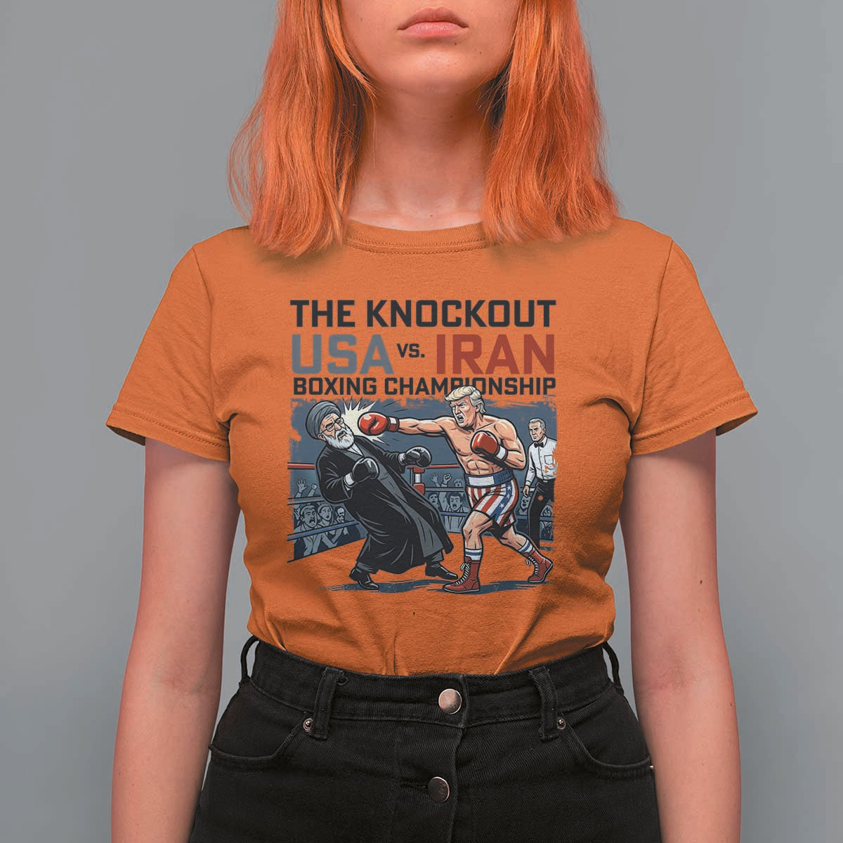 Sarcastic USA vs Iran Knockout Boxing Championship T Shirt For Women Funny Political Satire Fight Night