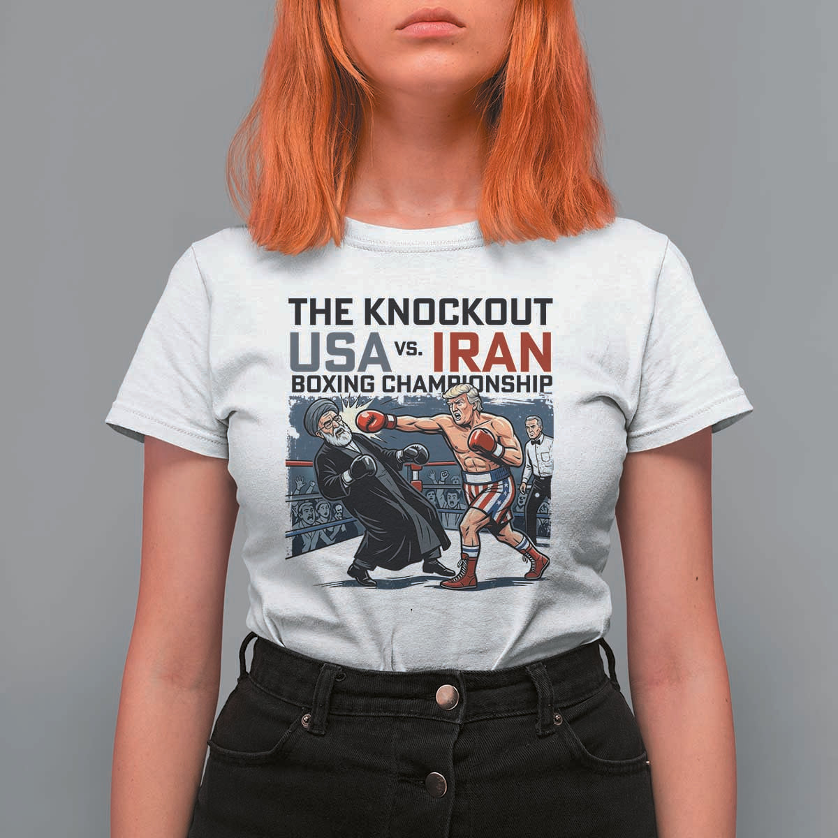 Sarcastic USA vs Iran Knockout Boxing Championship T Shirt For Women Funny Political Satire Fight Night