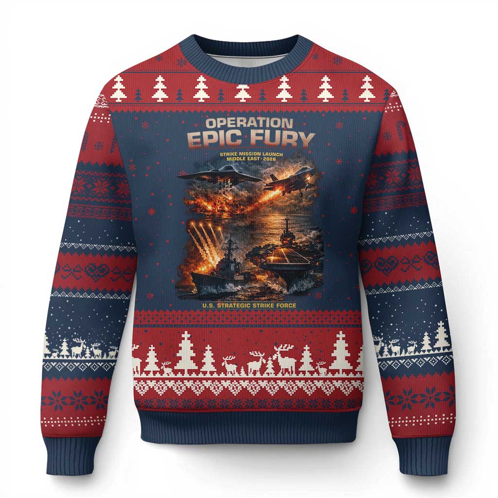 Operation Epic Fury Strike Mission 2026 Graphic Ugly Christmas Sweater U.S. Strategic Strike Force Military Action