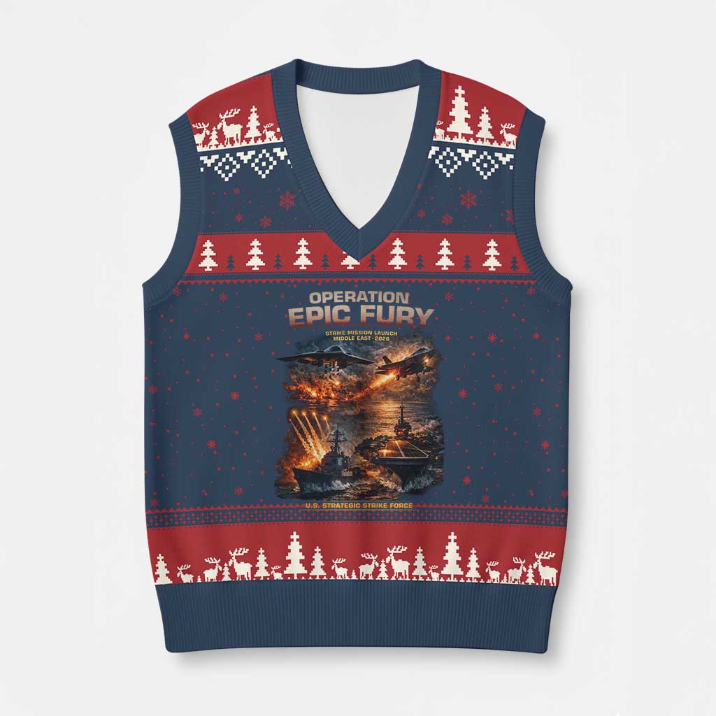 Operation Epic Fury Strike Mission 2026 Graphic V-Neck Knit Sweater Vest U.S. Strategic Strike Force Military Action