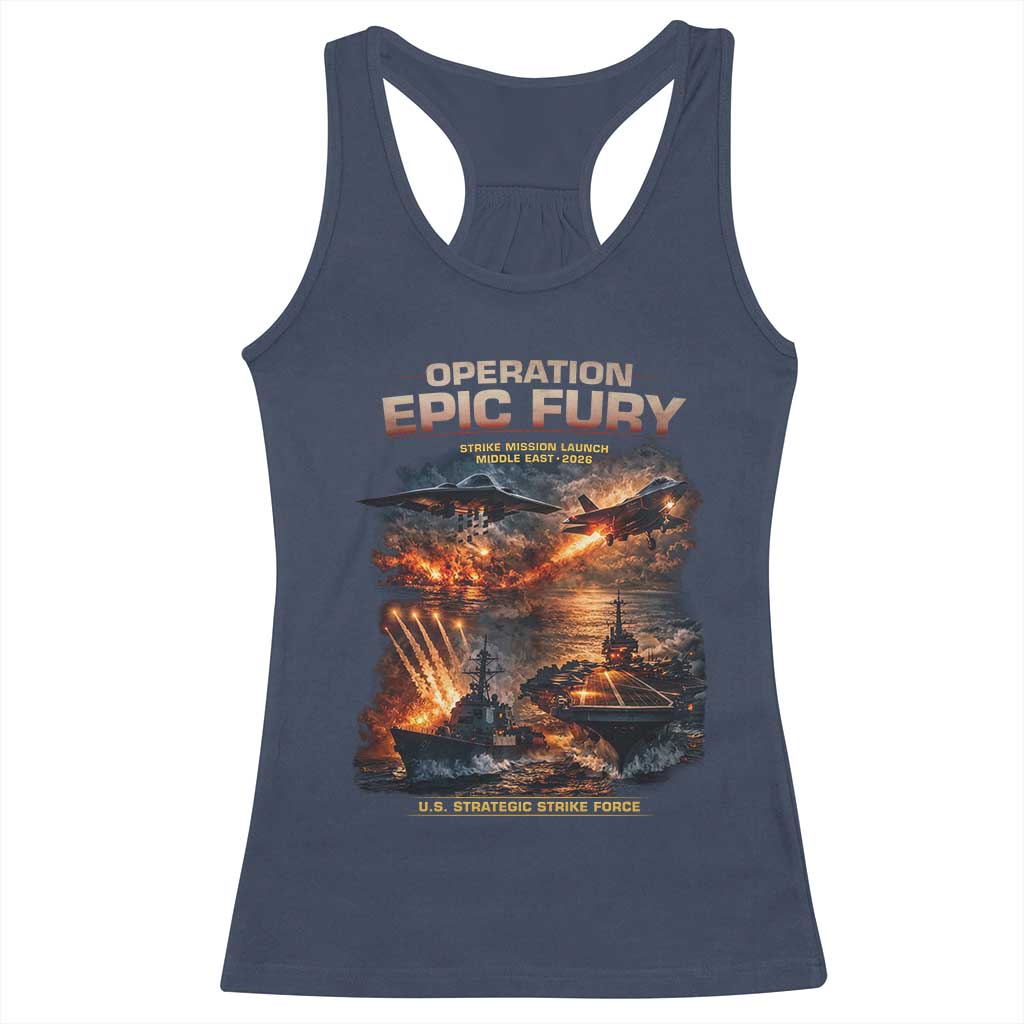Operation Epic Fury Strike Mission 2026 Graphic Racerback Tank Top U.S. Strategic Strike Force Military Action