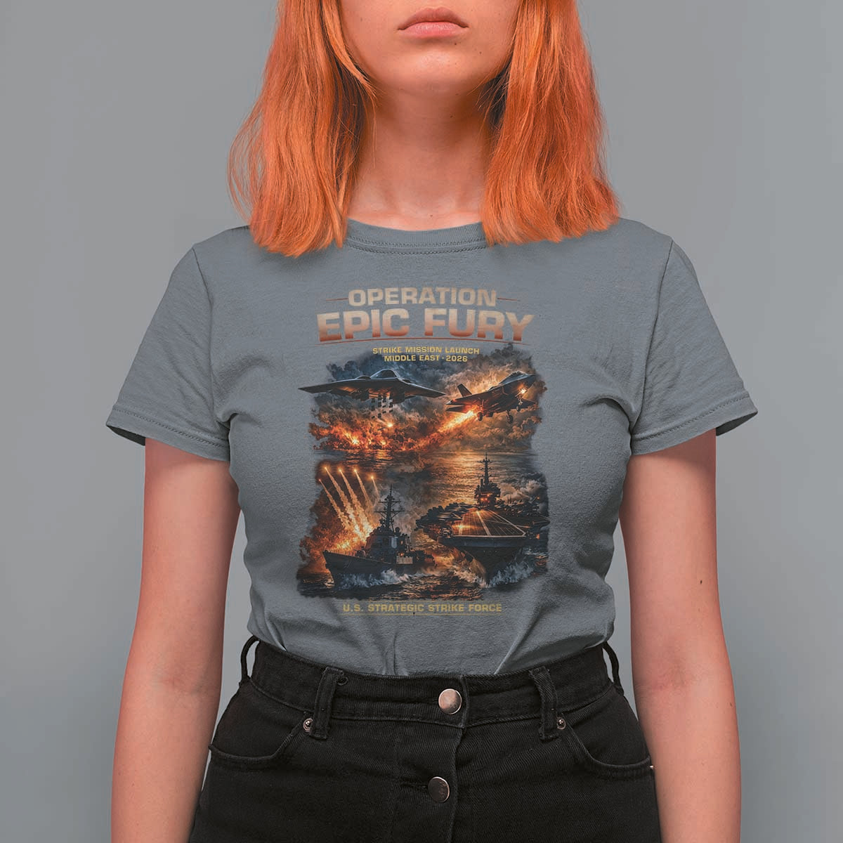 Operation Epic Fury Strike Mission 2026 Graphic T Shirt For Women U.S. Strategic Strike Force Military Action