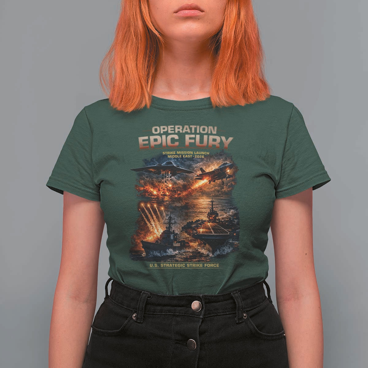 Operation Epic Fury Strike Mission 2026 Graphic T Shirt For Women U.S. Strategic Strike Force Military Action