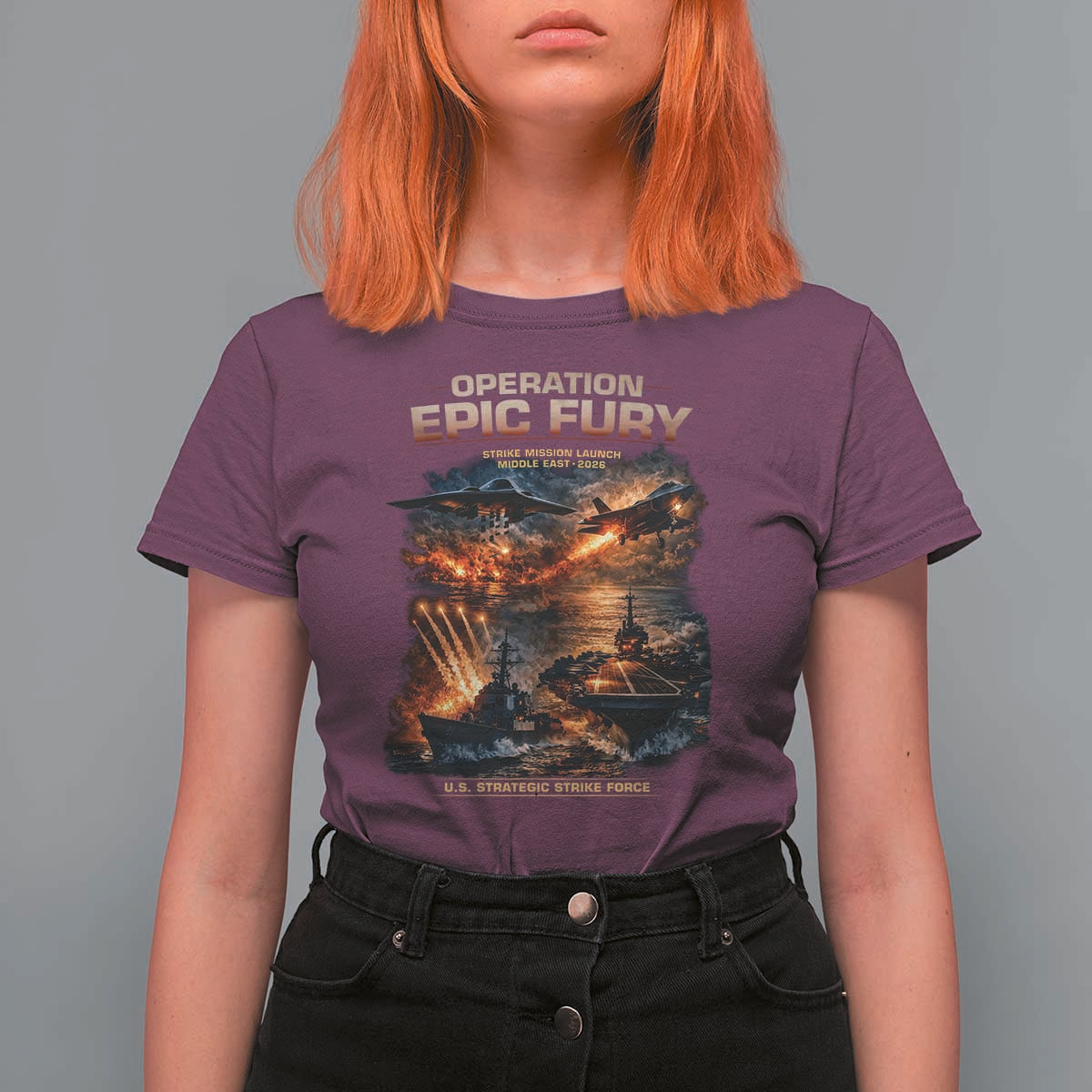 Operation Epic Fury Strike Mission 2026 Graphic T Shirt For Women U.S. Strategic Strike Force Military Action