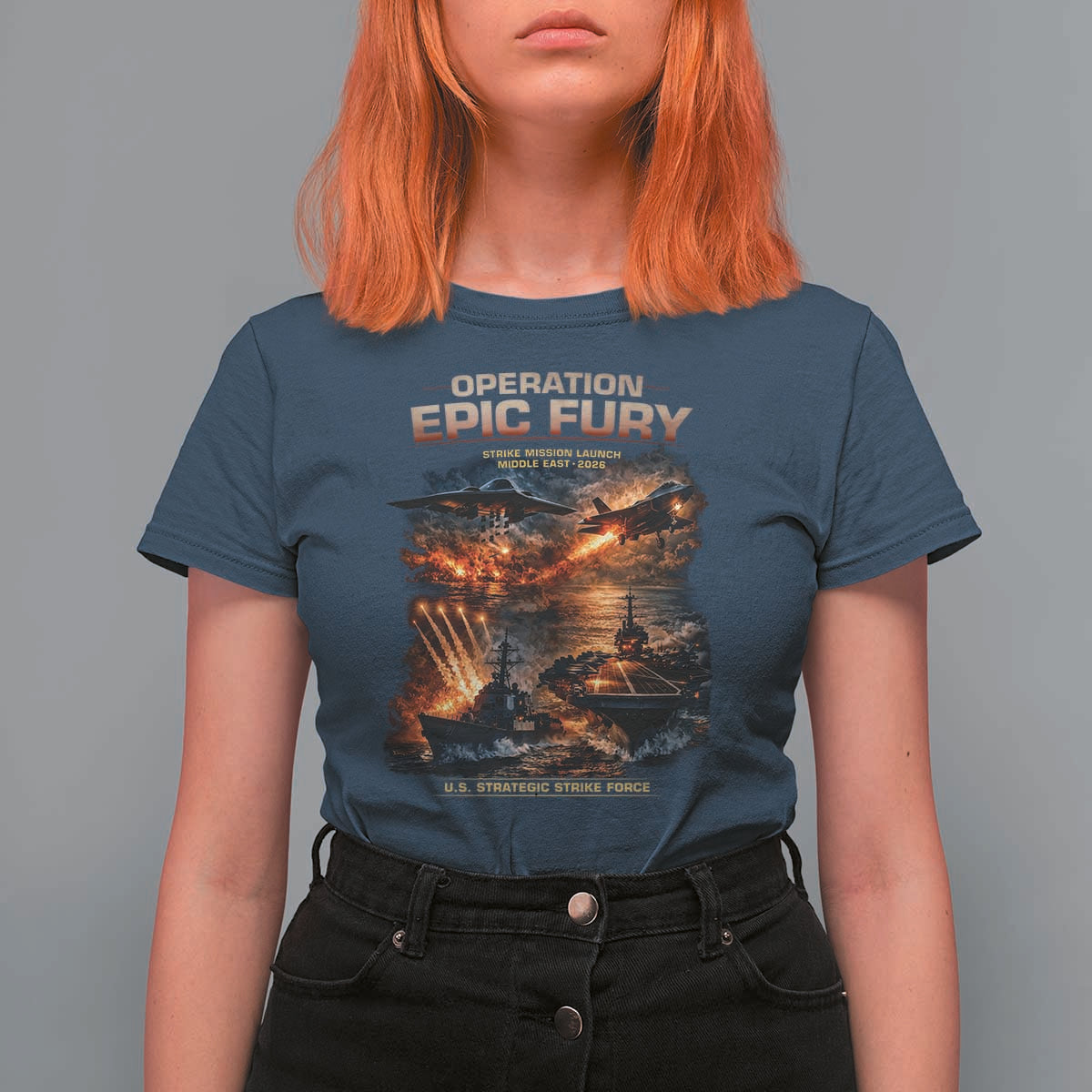 Operation Epic Fury Strike Mission 2026 Graphic T Shirt For Women U.S. Strategic Strike Force Military Action