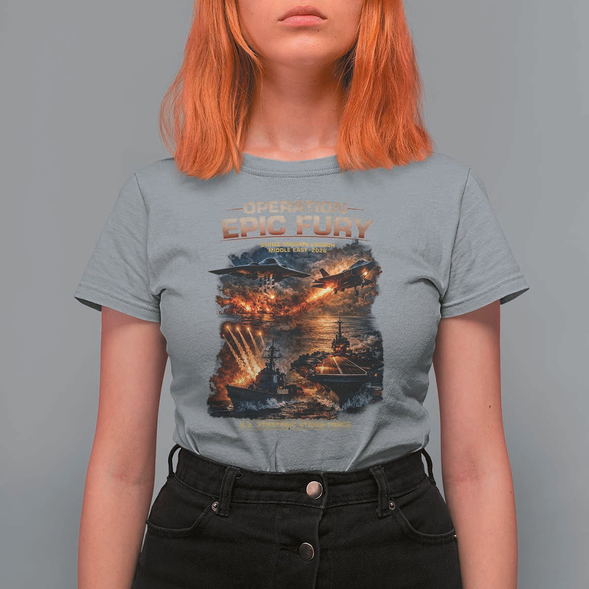 Operation Epic Fury Strike Mission 2026 Graphic T Shirt For Women U.S. Strategic Strike Force Military Action