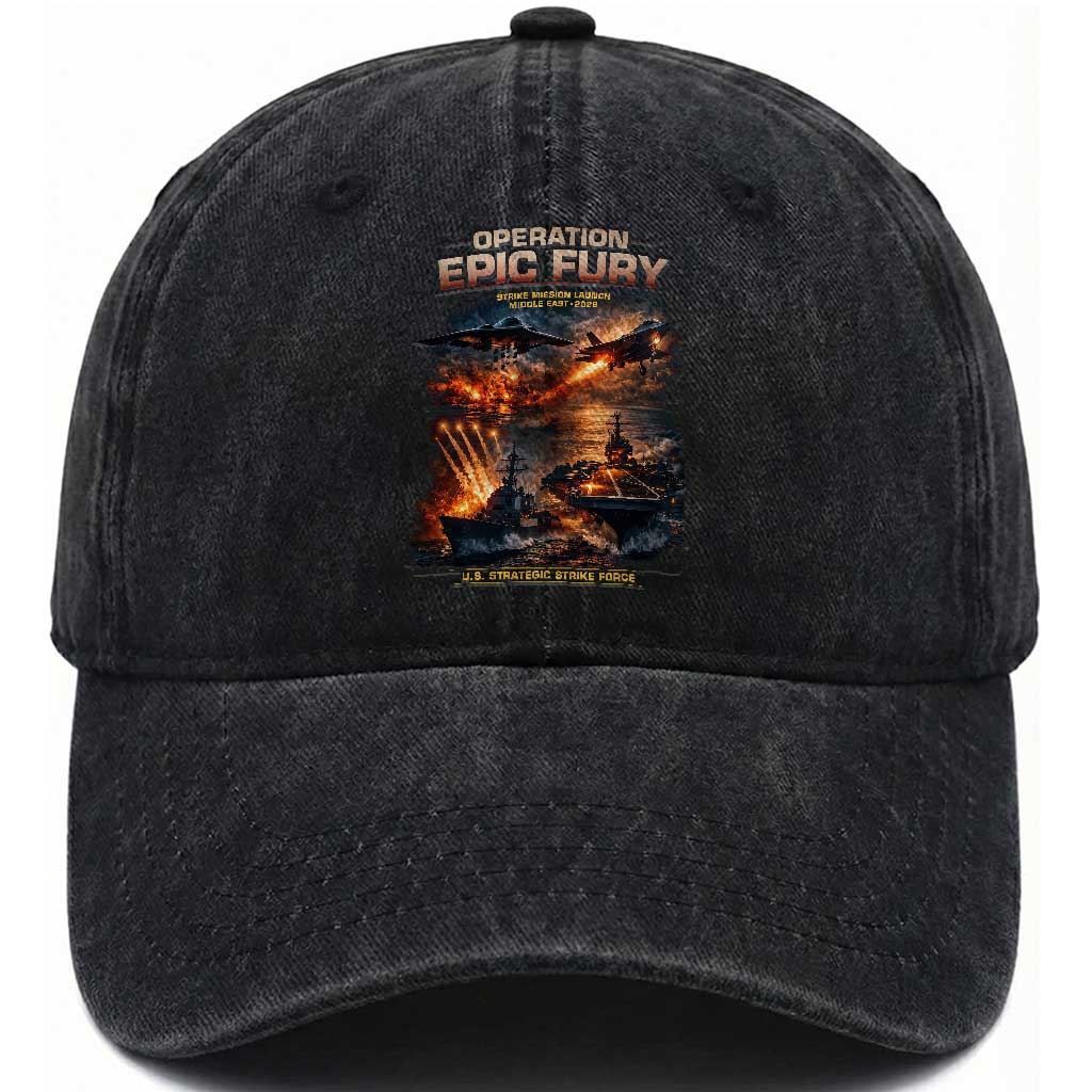 Operation Epic Fury Strike Mission 2026 Graphic Washed Cotton Baseball Cap U.S. Strategic Strike Force Military Action