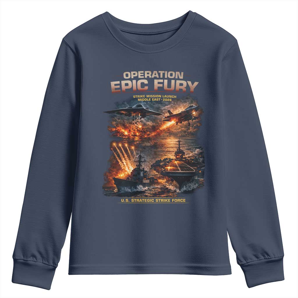 Operation Epic Fury Strike Mission 2026 Graphic Youth Sweatshirt U.S. Strategic Strike Force Military Action