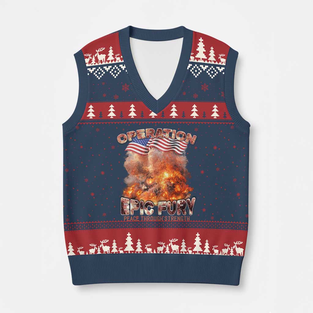 Operation Epic Fury Peace Through Strength V-Neck Knit Sweater Vest Patriotic Explosion America Power