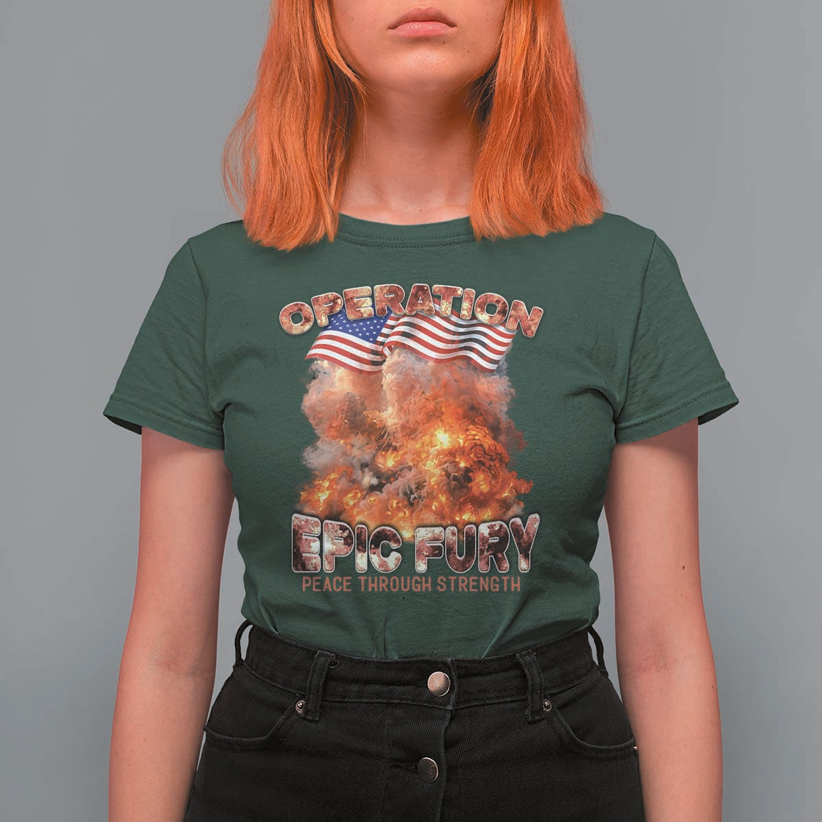 Operation Epic Fury Peace Through Strength T Shirt For Women Patriotic Explosion America Power