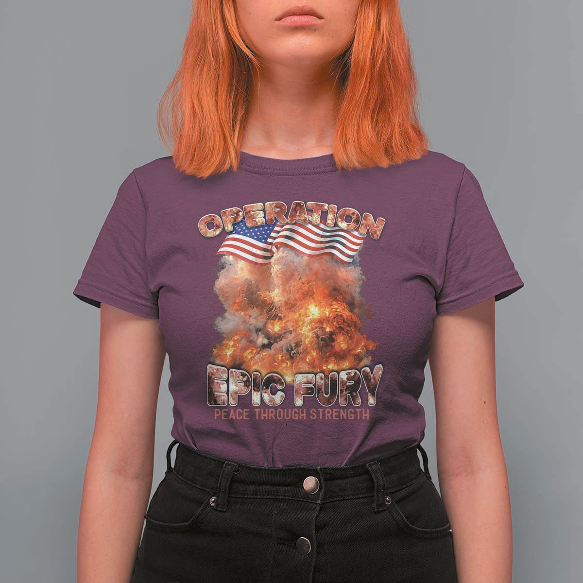 Operation Epic Fury Peace Through Strength T Shirt For Women Patriotic Explosion America Power