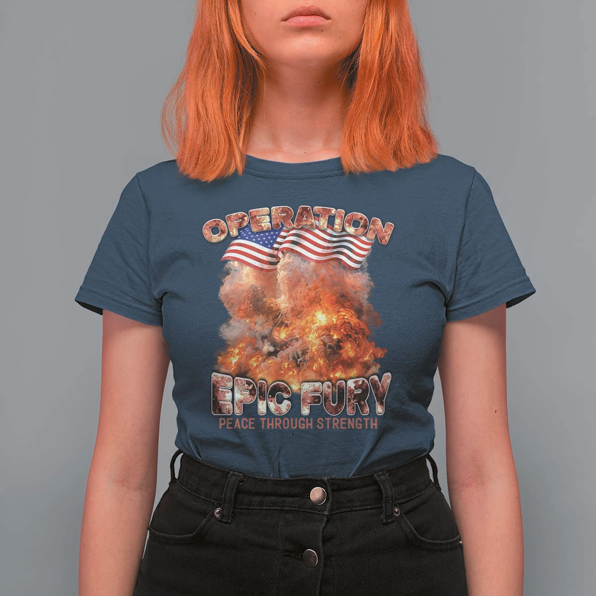 Operation Epic Fury Peace Through Strength T Shirt For Women Patriotic Explosion America Power