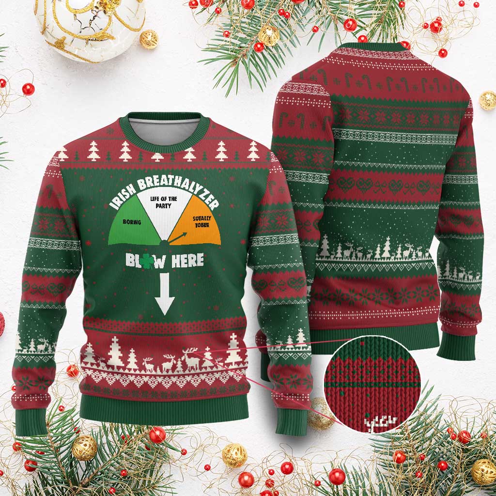 Irish Breathalyzer Blow Here Funny Drinking Gauge Ugly Christmas Sweater St Patricks Day Party Offensive Adult Humor