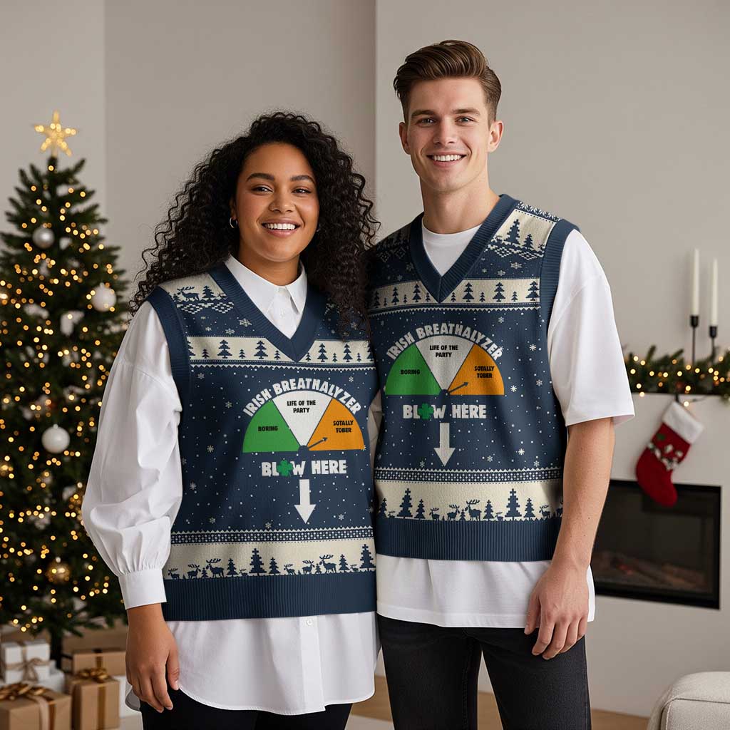 Irish Breathalyzer Blow Here Funny Drinking Gauge V-Neck Knit Sweater Vest St Patricks Day Party Offensive Adult Humor