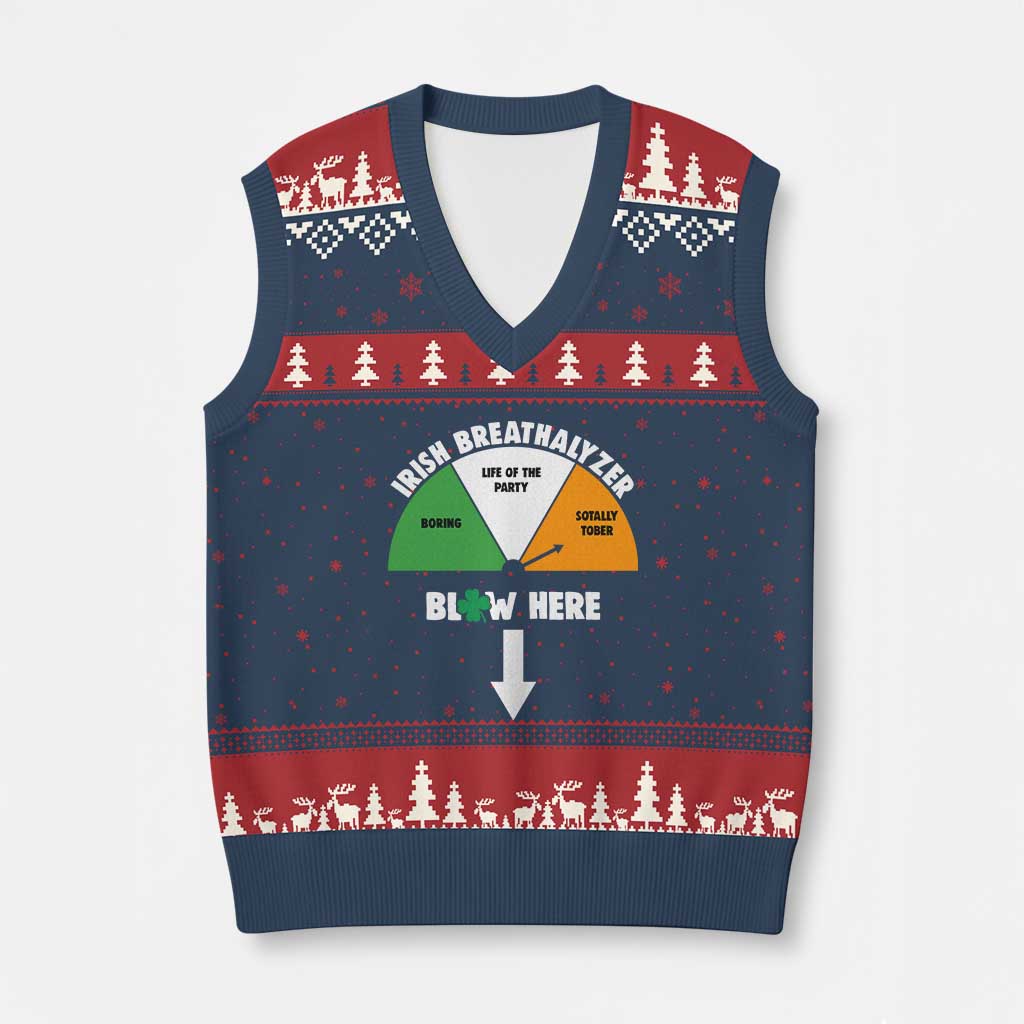 Irish Breathalyzer Blow Here Funny Drinking Gauge V-Neck Knit Sweater Vest St Patricks Day Party Offensive Adult Humor