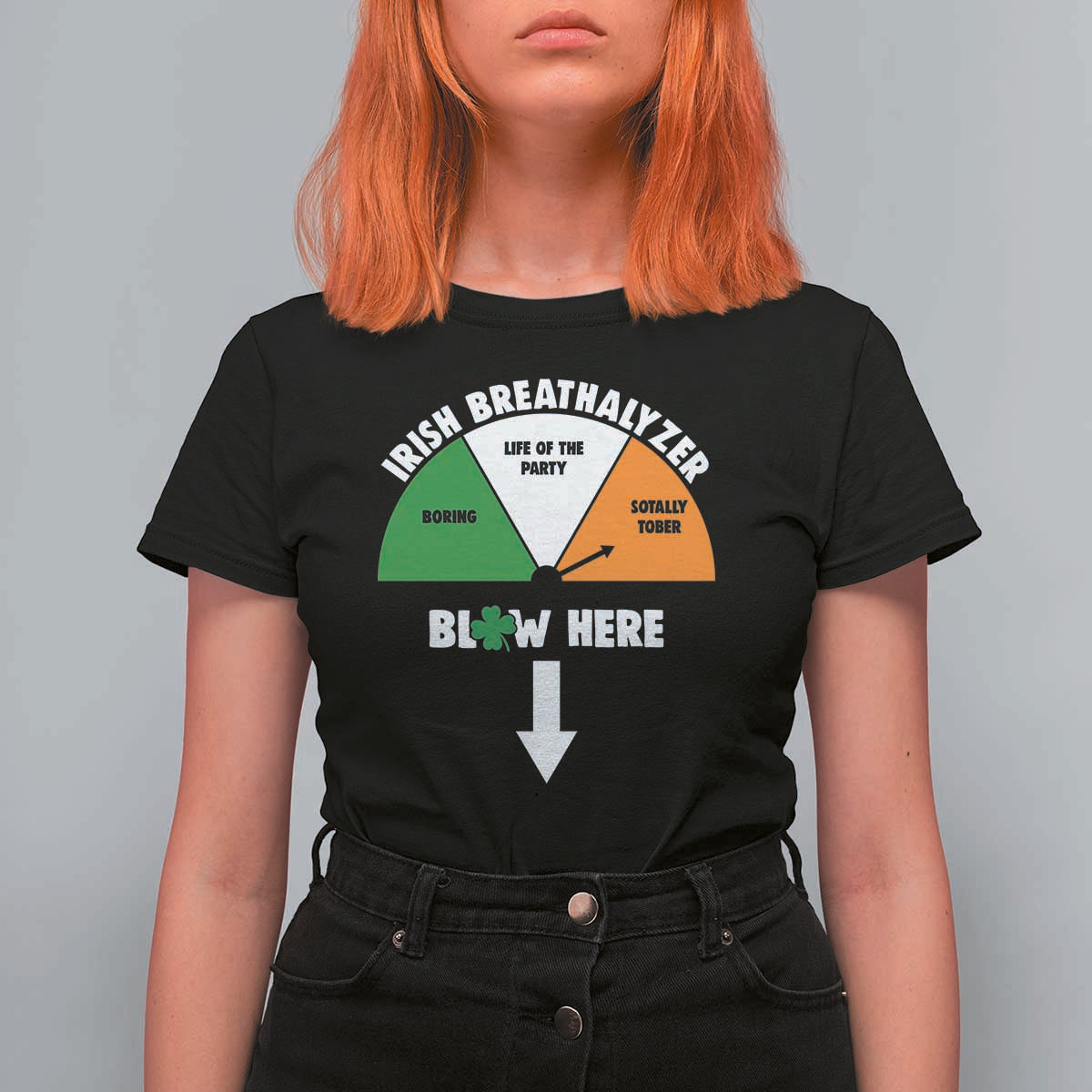 Irish Breathalyzer Blow Here Funny Drinking Gauge T Shirt For Women St Patricks Day Party Offensive Adult Humor