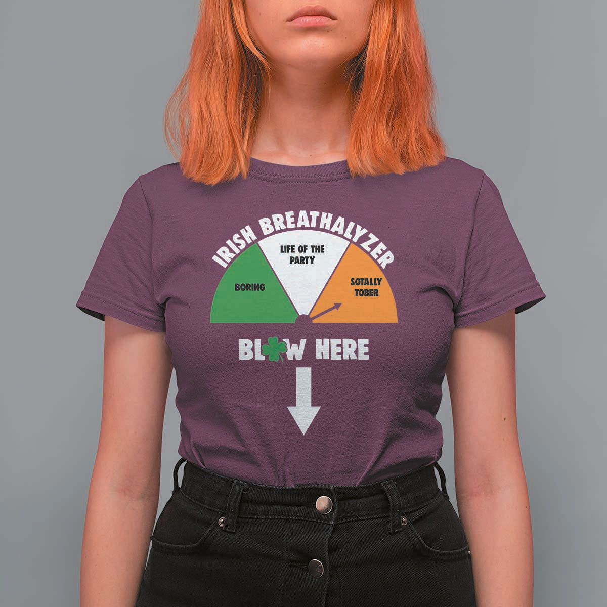 Irish Breathalyzer Blow Here Funny Drinking Gauge T Shirt For Women St Patricks Day Party Offensive Adult Humor