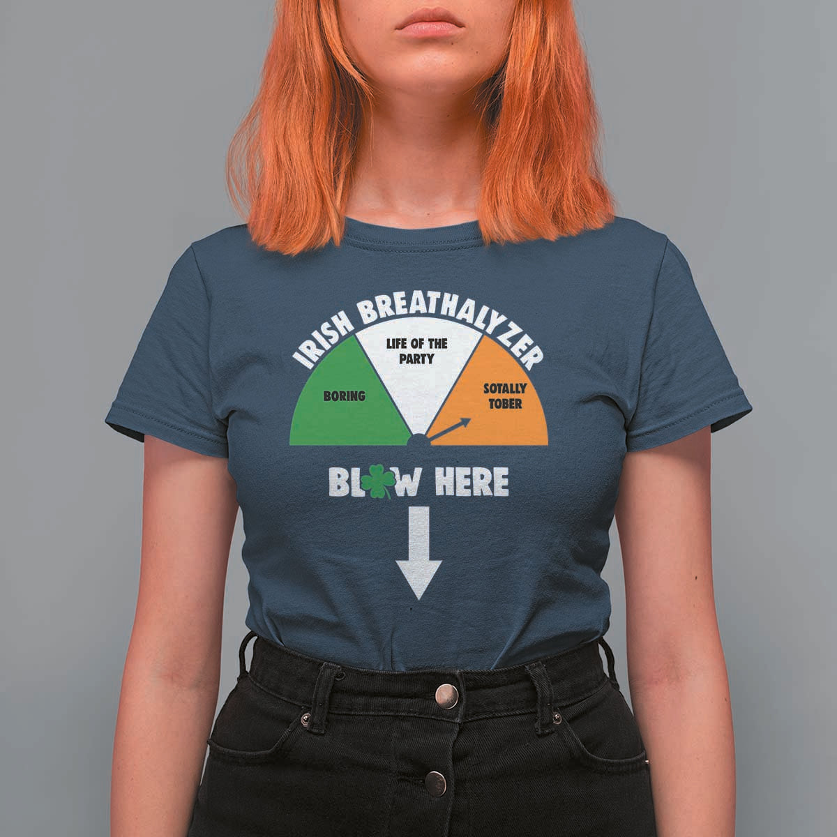 Irish Breathalyzer Blow Here Funny Drinking Gauge T Shirt For Women St Patricks Day Party Offensive Adult Humor