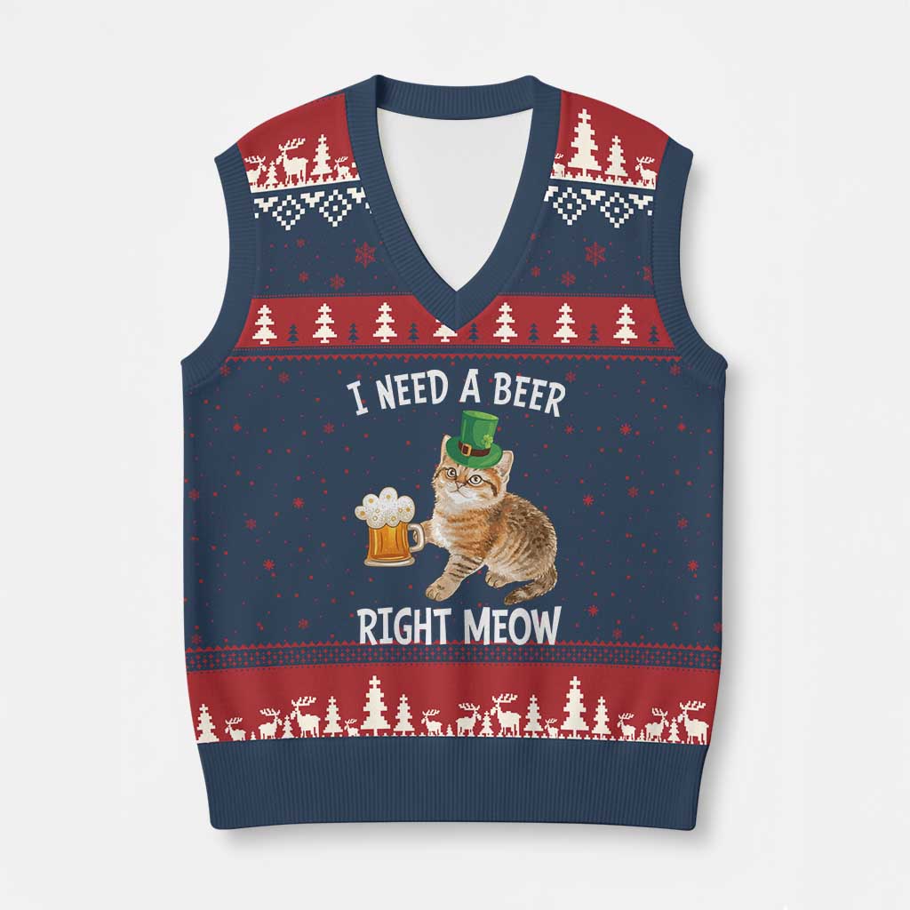 I Need A Beer Right Meow Funny Cat Drinking Joke V-Neck Knit Sweater Vest St Patricks Day Humor