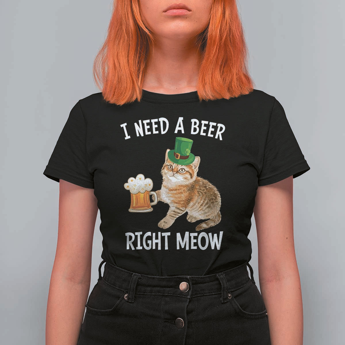 I Need A Beer Right Meow Funny Cat Drinking Joke T Shirt For Women St Patricks Day Humor