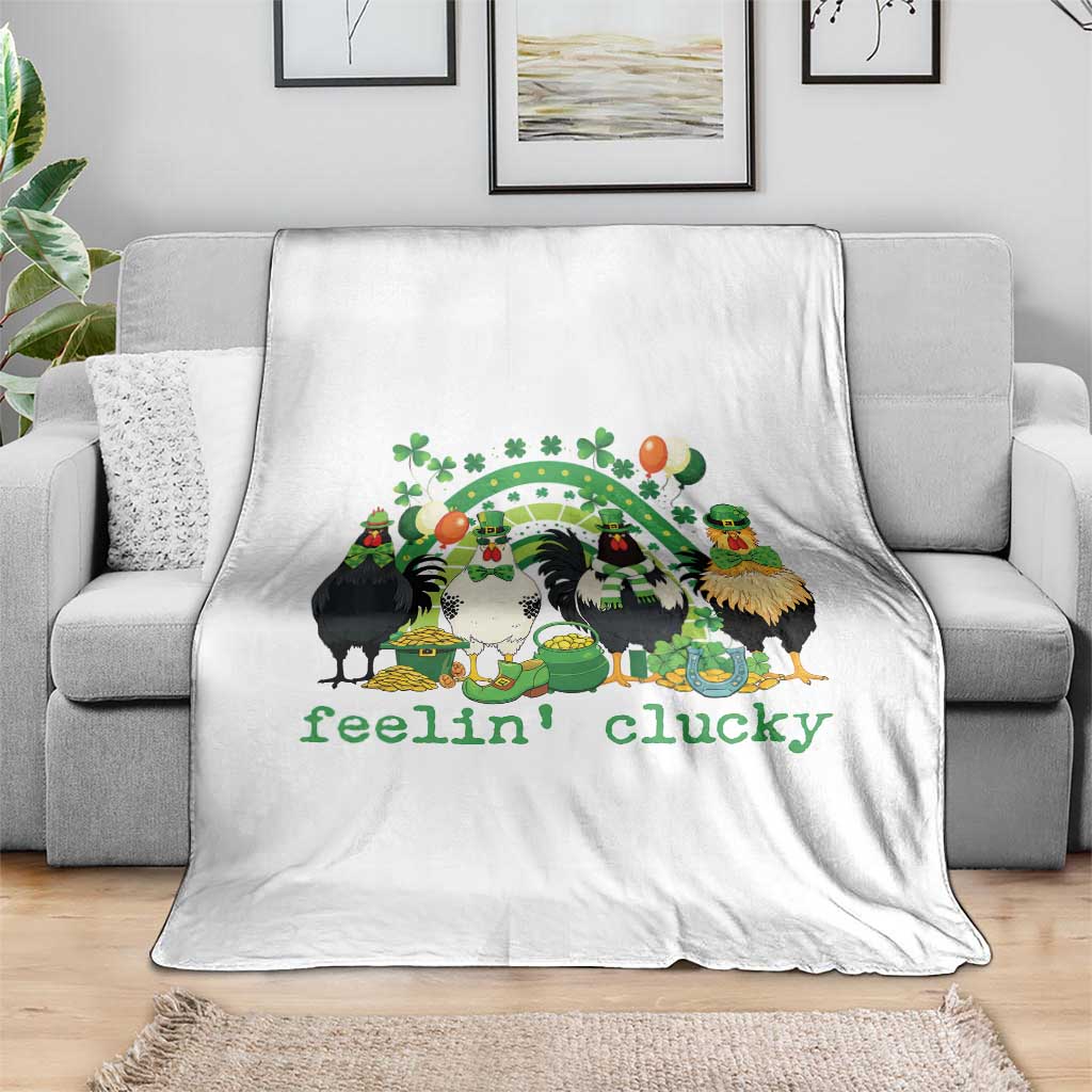Funny St Patricks Day Chicken Shamrock Throw Blanket Feelin Clucky Hen Lucky Clover Pun Irish Humor