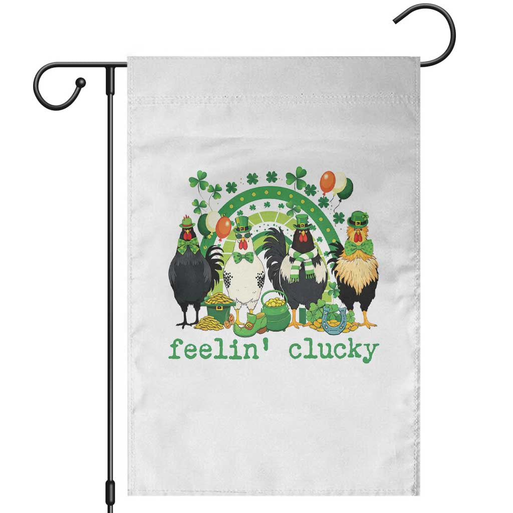 Funny St Patricks Day Chicken Shamrock Garden Flag Feelin Clucky Hen Lucky Clover Pun Irish Humor