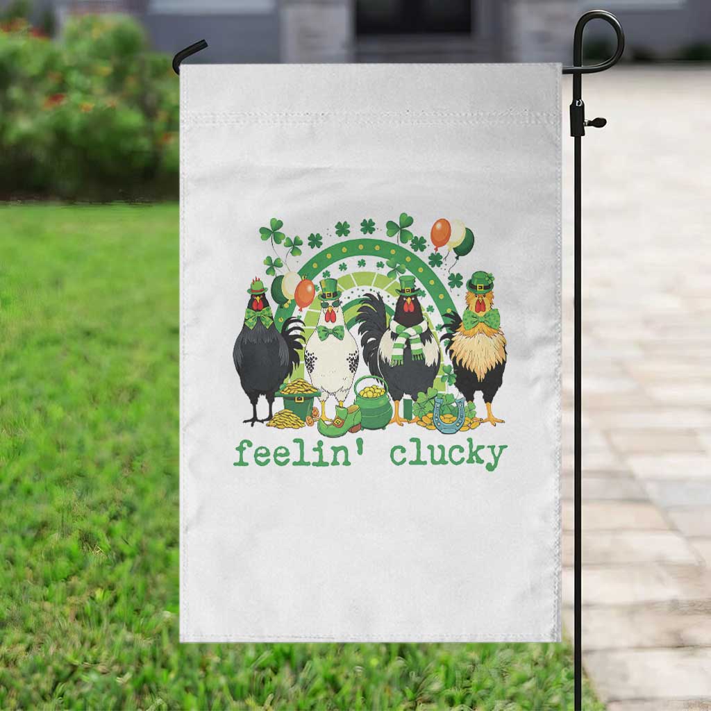 Funny St Patricks Day Chicken Shamrock Garden Flag Feelin Clucky Hen Lucky Clover Pun Irish Humor